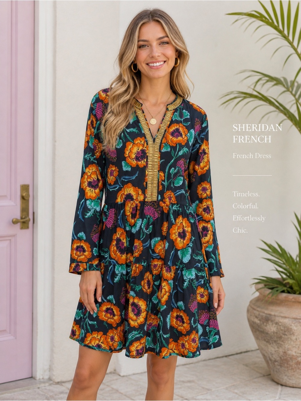NEW Sheridan French Floral Dress Gold Embellished Neckline Boho Resort Chic